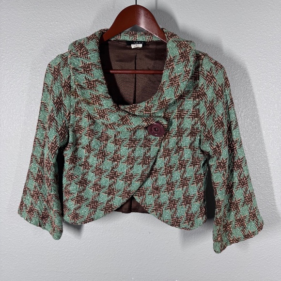 VTG Voxx Bouclé Cropped Blazer | Green Brown Metallic Shimmer Cowl Neck - Size M - Picture 1 of 10